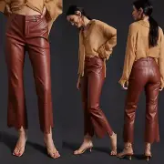 NWT Anthropologie Size 14 Brown Neutral Laser-Cut Faux Leather Trousers $170