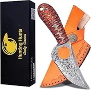 HUNTING HUNTS Predator Hunter - Handmade Damascus Knife with Custom Leather Sheath - For Skinning, Camping, Outdoor - EDC 7” Fixed Blade Bushcraft Knives | Red Black Exotic Wood Handle HH-HK-002