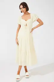 Beige Midi Dress Puff Sleeve Ruch Front - Size 8, Women's Maxi Dress