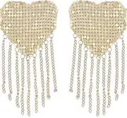 [Generic] Sparkly Rhinestones Metal Chain Nipple Cover with Tassel, Reusable Adhesive Pasties Sexy Bra Body Chain