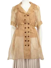 Beige Silk Gingham Double-Breasted Mesh Top