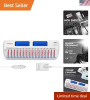 TN438 16-Slot Smart Battery Charger for AA/AAA NiMH/NiCd LCD Display + 16 Pre...