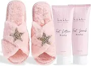 Nicole Miller Bath and Body Present Set Piece Foot Spa Set with Fuzzy Slippers, a Sponge, Foot Lotion, and Foot Scrub, Rosehip with Sparkle Star Slippers