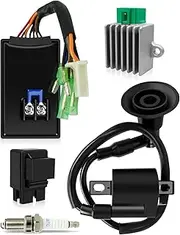 5PCS CDI Box Ignition Coil Kit Fit for Polaris Sportsman 90 Scrambler 90 50 Predator 50 90 2001-2007 with Voltage Regulator Rectifier Spark Plug & Starter Relay Solenoid Replace 0451018 0452187