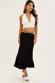 Black Linen Blend Waist Tie Slip Midi Skirt - Size 6, Women's Midi Pencil