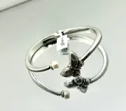 Brighton Bloom Butterfly Pearl Open Bangle Silver JF9333 New $88