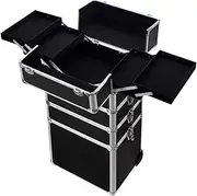 EZONEDEAL 7 in 1 Portable Trolley Train Case Cosmetic Suitcase Nail Tech Box for Makeup Artist, Hairstylists, Nail Tech Students Barber Case with with 8 Locks & 2 Keys-Black