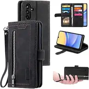 UEEBAI Wallet Case for Samsung Galaxy A36 5G, Retro 9 Card Holder Slots Zipper Pocket Handbag Case PU Leather Magnetic Closure Kickstand with Wrist Strap TPU Shockproof Flip Case, Black