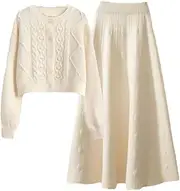 [Generic] Women's Spring Warmer Kintted Skirt Two Piece Set Long Sleeve Knitted Sweater Knitted High Waist A Line Skirt Suit