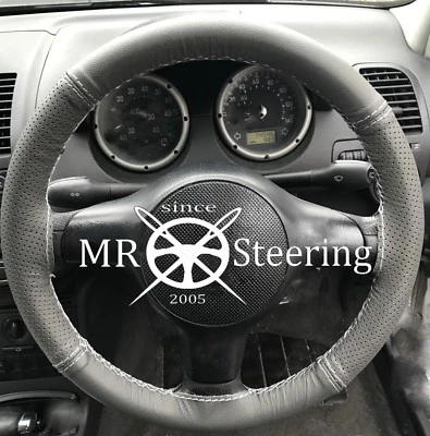 FITS PEUGEOT 308 GREY TWO TONE LEATHER STEERING WHEEL COVER 07-13 WHITE STITCH