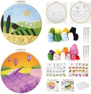 2 Sets of Needle Felting Kit, Needle Felting Beginner Kit, Wool Felt Supplies with Instructions, Needle Felting Pad, Felting Needles, Felting Wool, Embroidery Hoops (Golden Autumn & Lavender Sea)