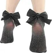 [Xinjoduz] 4 Pairs Sparkly Socks Women's Glitter Bow Ankle Socks Metallic Cozy Sheer Black Crew with Cute Satin Metallic Shimmer Slouch Sparkly Socks with Bow for Women Girls (Black), Black