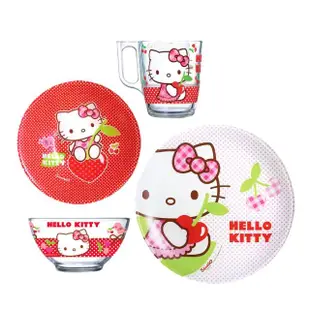 【法國Luminarc 樂美雅】Hello Kitty 甜蜜櫻桃4件餐具組/法國進口/玻璃餐盤/微波餐盤/健康環保/凱蒂貓