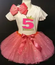 Princess Crown--With NAME-- 5th Birthday Dress shirt 2pc Fuchsia Tutu outfit