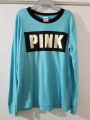 Victorias Secret PINK Long Sleeve Ringer Tee Crew Neck Logo Teal Gold Foil Small