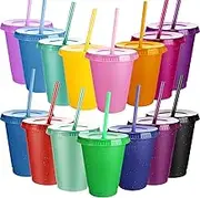 Sieral Cups with Straws and Lids Kids Tumbler with Straw Reusable Water Bottle Iced Coffee Travel Mug Cup Adults Plastic Cups for Parties 16 oz(Cute Colors, 15 Pack)