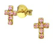 14K Gold Plated Sterling Silver Light Rose Crystal Cross Stud Earrings