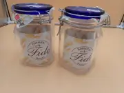 Two 1 Liter Bormioli Rocco Fido Blue Top Glass Jar Hinged Top Canister Italy
