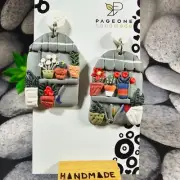 SCENIC GREY WHITE FLOWER 3D DANGLE EARRING SILVER STAINLESS STEEL POLYMER CLAY