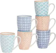 [Nicola Spring] Hand-Printed Mug - 330ml - Navy, Orange & Blue - Pack of 6 - Porcelain Hot Chocolate Cups Tea & Coffee Mugs for Kitchens, Cafes & Restaurants