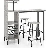 Giantex 3PCS Bar Table and Chair Set, Industrial Pub Table and Stools with Wine Glass Holders & 6-Bottle Wine Racks, Counter Height Dining Table Set for Living Room Dining Room Kitchen, Grey
