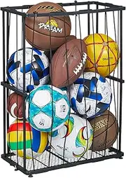 Garage Ball Storage Wall-mounted & Floor Sports Equipment Organizer: Sports Ball Rack With Elastic Rope, Ball Holder for Basketball, Soccer, Volleyball, Football, Garage, Gym, Black(Patent Pending)