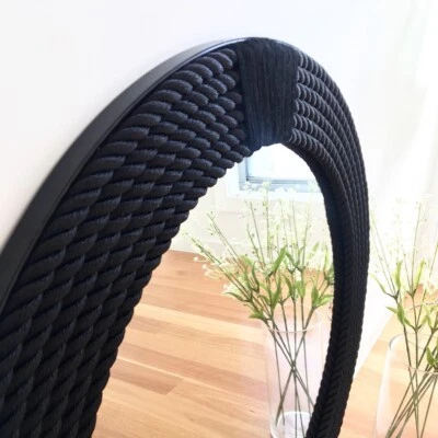 Designer BLACK Round Rope Twisted Mirror Hampton Nautical Design Decor 80cm