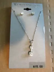 New on card WORTHINGTON Cubic Zirconia Necklace & Pierced Stud Earrings 925