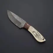 Damascus Steel Skinner Knife with Leather Sheath,Handmade Scrimshaw Art on Bone