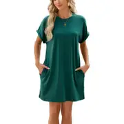 Women's Round Neck T Shirt Dress with Pockets - Army Green