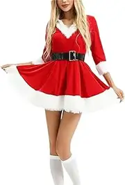 [XpigPq] Women Christmas Dress Long Sleeve Plush Patchwork Vintage Dress V Neck Christmas Cosplay Outfits Holiday Party Dress