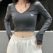 Long-Sleeve V-Neck Lettering Embroidered Crop T-Shirt / Elastic Waist Heart Print Harem Sweatpants T-Shirt - Dark Gray - L