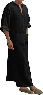 [Generic] Summer Mens Cotton Linen Robe V Neck Long Sleeve Muslim Gown Casual Loose Fit Breathable Side Split Home Beach Shirt, D#black, 3X-Large, D#black, 3X-Large