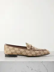 [Gucci] Gucci - Jordaan Horsebit-detailed Leather-trimmed Canvas-jacquard Loafers - Beige - IT39 IT 39 Neutrals