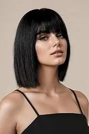 Short Black Straight Wig with Bangs Black Wigs for Women Shoulder Length Wigs Heat Resistant Fiber Synthetic Hair Wigs Hair Replacement Natural Looking (Black, 14INCH)