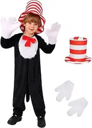 Cat In The Hat Costume For Boys Girls,Kids Cat jumpsut with Top Hat and Cat Claw Gloves,3 Pcs World Book Day Cat Costumes For Kids M