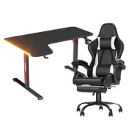 Advwin 140cm Black Gaming Desk RGB LED Light & Gaming Chair with Footrest Black White
