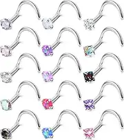 [Milacolato] Hypoallergenic Nose Rings 15Pcs 20G Surgical Stainless Steel Nose Ring Studs L Shaped Screw Studs Rings Cubic Zirconia Nose Ring Labret Nose Piercing Jewelry for Women Men