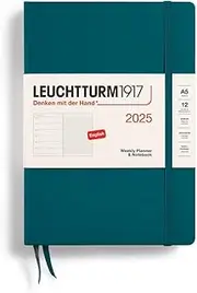 LEUCHTTURM1917 370742 Weekly Calendar & Notebook 2025, Medium A5 Hardcover - 12 Month Planner, Lined - Pacific Green, English