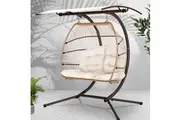 Gardeon Outdoor Egg Swing Chair Wicker Furniture Pod Stand Canopy 2 Seater Latte