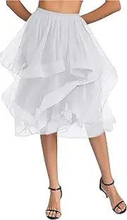 [TiaoBug] Women Solid Color Skirt Elastic Waistband Irregular Hem Puffy Tulle Skirt for Dance Cocktail Party
