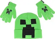 [Mad Engine] Minecraft Creeper Face Kids Costume Beanie Hat Cap and Gloves Set New Green, Green, Medium