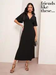 Friends Like These Black Petite V-Neck ITY Flutter Sleeve Midi Dress (F03457) | $90
