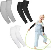 [TIESOME] 3 Pairs Kids Arm Sleeves, Sun Protection Arm Sleeves for Men Women Outdoor Sport Breathable Elastic Ice Sleeve Compression Cooling Sleeves for Youth Boys Girls Sports(Black+White+Gray)