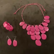 New Tagua Nut Pink Necklace, Earrings and Bracelet, Necklace Set