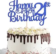 SYKYCTCY 1 Pack Happy 21st Birthday Cake Topper Glitter Cheers to 21 Years Birthday Cake Pick Twenty One 21 Fabulous Cake Decoration for Happy 21st Birthday Theme Party Decorations Supplies Blue