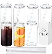 SUBCUB 25 Pack Acrylic Tumblers with Lids and Straw 16oz Plastic Mason Jars Bulk Clear Drinking Plastic Beer Can Cups Iced Coffee Juice Cup Reusable Cold Drink Cup