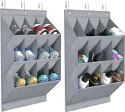 2-Pack Hanging Shoe Organizer, 6 Hooks Shoe Storage Rack with 12 Large Pockets and 2 Larger Compartments (Grey)