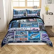 jejeloiu Fish Bedding Set Twin Size Kids Vintage Fish Stamp Pattern Comforter Cover Set for Boys Teens Fishing and Hunting Duvet Cover Blue Bedspread Cover Room Decor Quilt Cover,No Comforter
