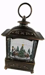 Christmas Trees Lighted Water Lantern Snow Globe Bronze Music 11" NIB 3AAA